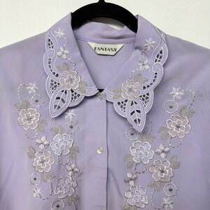 Whimsigoth Lavender Floral Embroidered Collar Button Up Blouse Women's Vintage
